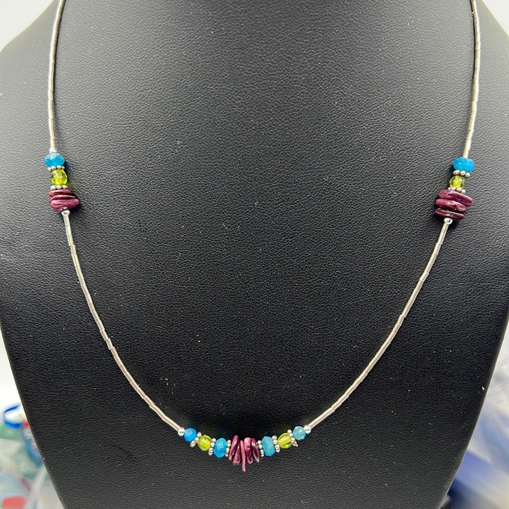 PURPLE SPINY, BLUE APATITE, PERIDOT, AND STERLING SILVER NECKLACE 18”